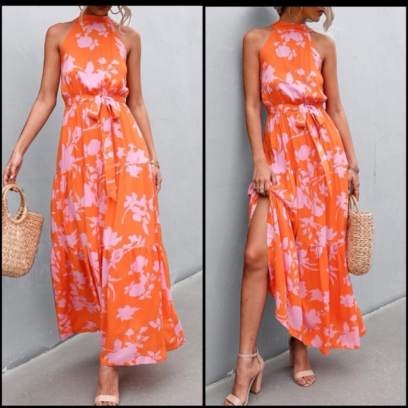 🌸Floral halter maxi dress in orange/pink tie waist tunic ruffle - Picture 3 of 6